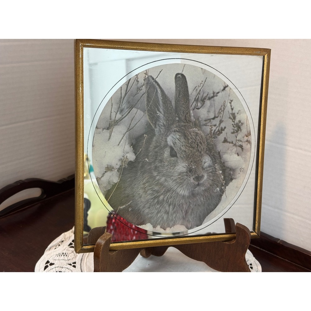 Vintage Etched Mirror Rabbit Art Gold Frame Bunny Snow Scene Nature Decor 8x8